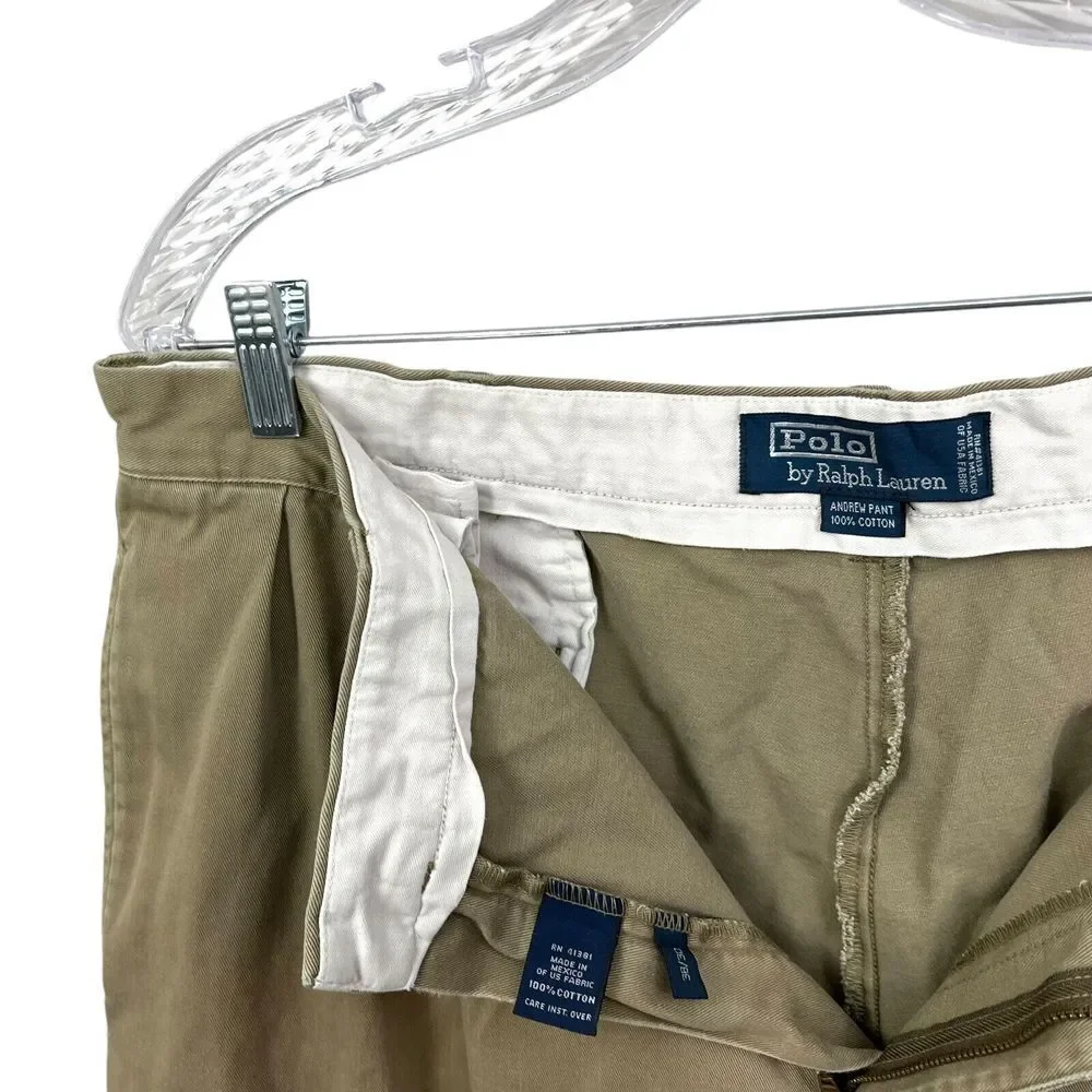 Polo By Ralph Lauren Mens Andrew Pants Pleated Chino Slash Pockets Khaki Sz W38*